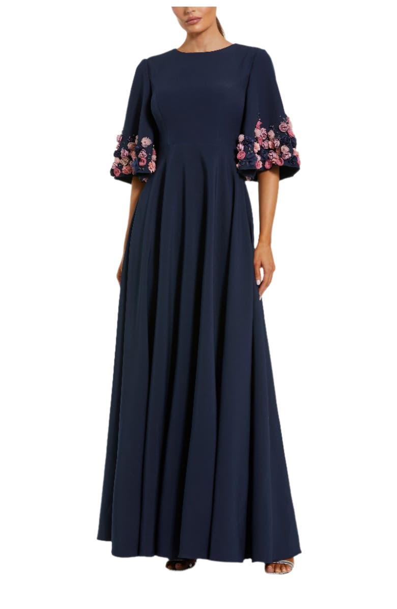 Mac Duggal Stretch Satin Elbow Sleeve Gown With Flower Trim, Main, color, Midnight