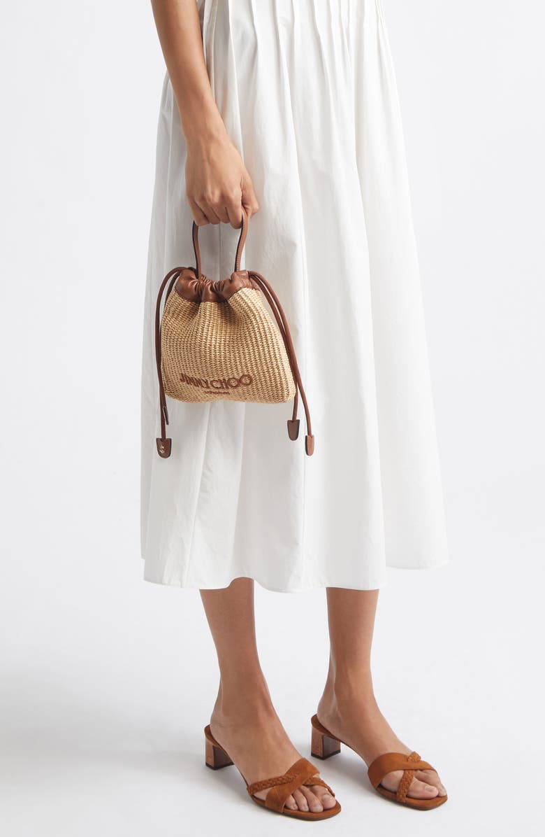 Jimmy Choo Woven Raffia Top Handle Drawstring Pouch, Alternate, color, Natural/ Tan/ Light Gold