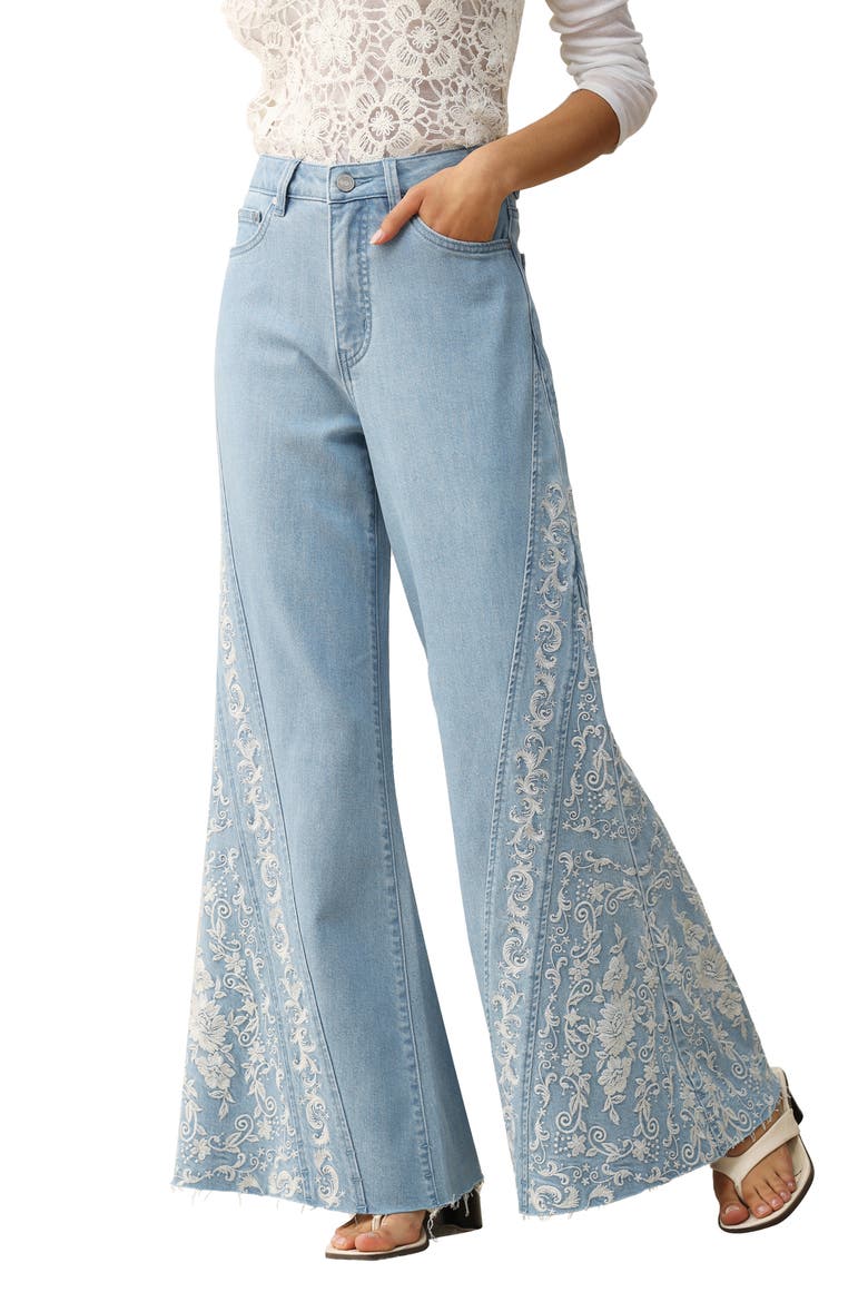 Embroidered High Waist Raw Hem Flare Jeans, Alternate, color, LIGHT BLUE