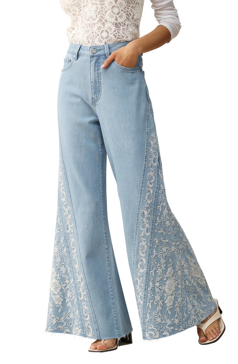 Bayeas Embroidered High Waist Raw Hem Flare Jeans, Alternate, color, 