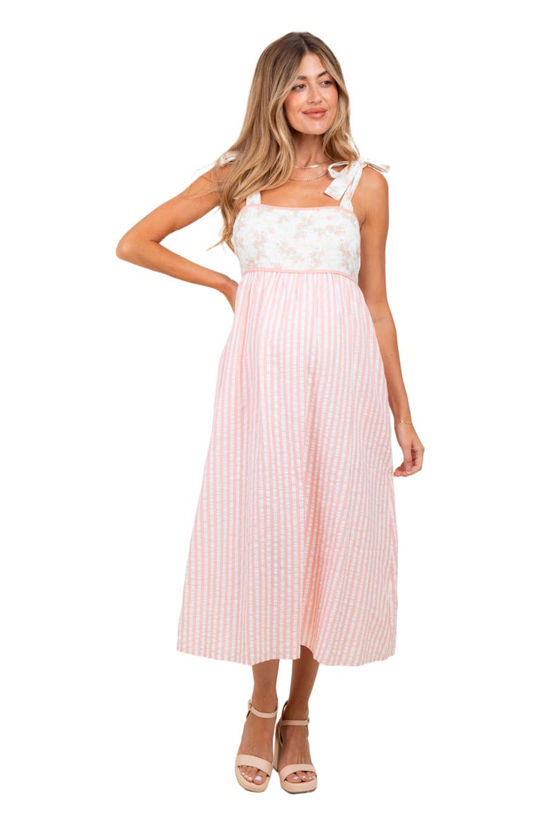 PinkBlush Floral Contrast Stripe Shoulder Tie Midi Dress, Main, color, Peach