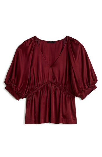 Madewell Shirred Puff Sleeve Satin Top In Cabernet