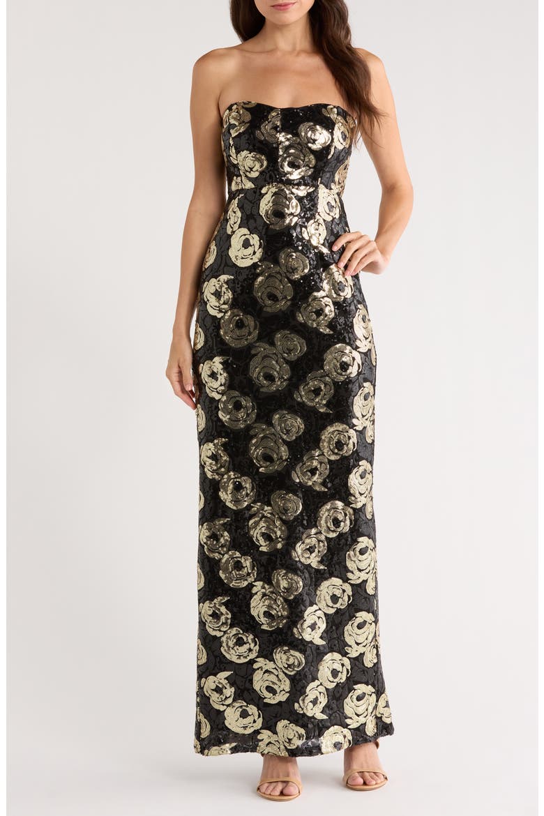 Floral Sequin Strapless Gown, Main, color, RICH BLACK