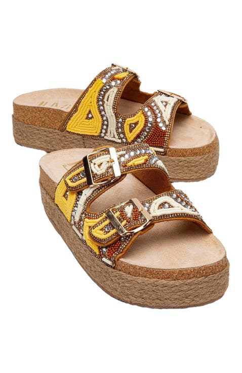 Bobby Beaded Straw Platform Slide Sandal
