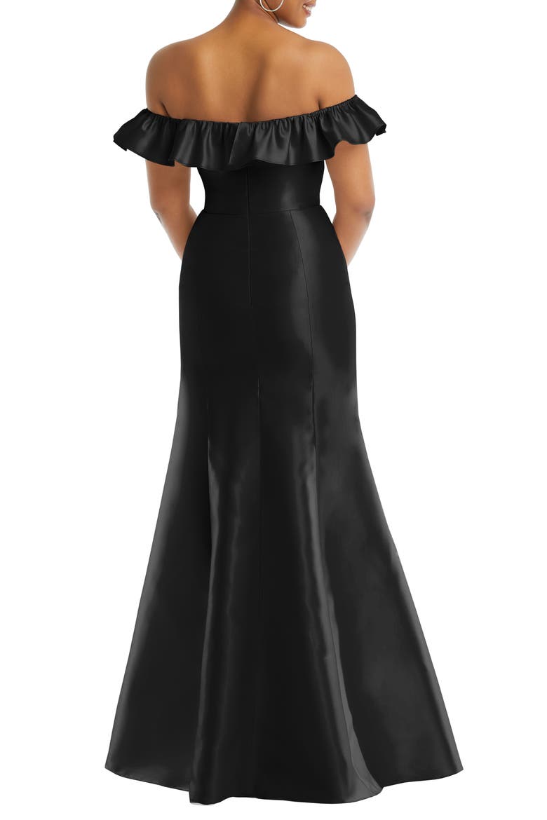 Off the Shoulder Ruffle Satin Trumpet Gown, Alternate, color, BLACK