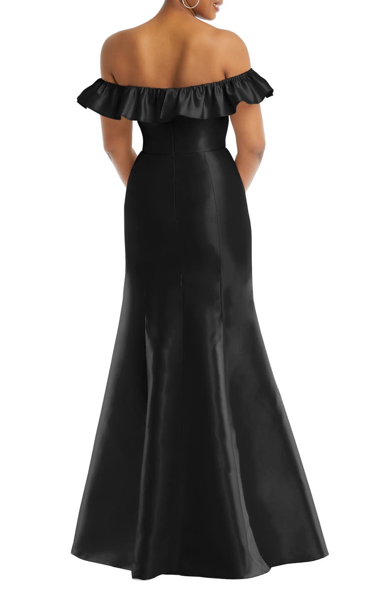 Alfred Sung Off the Shoulder Ruffle Satin Trumpet Gown, Alternate, color, Black
