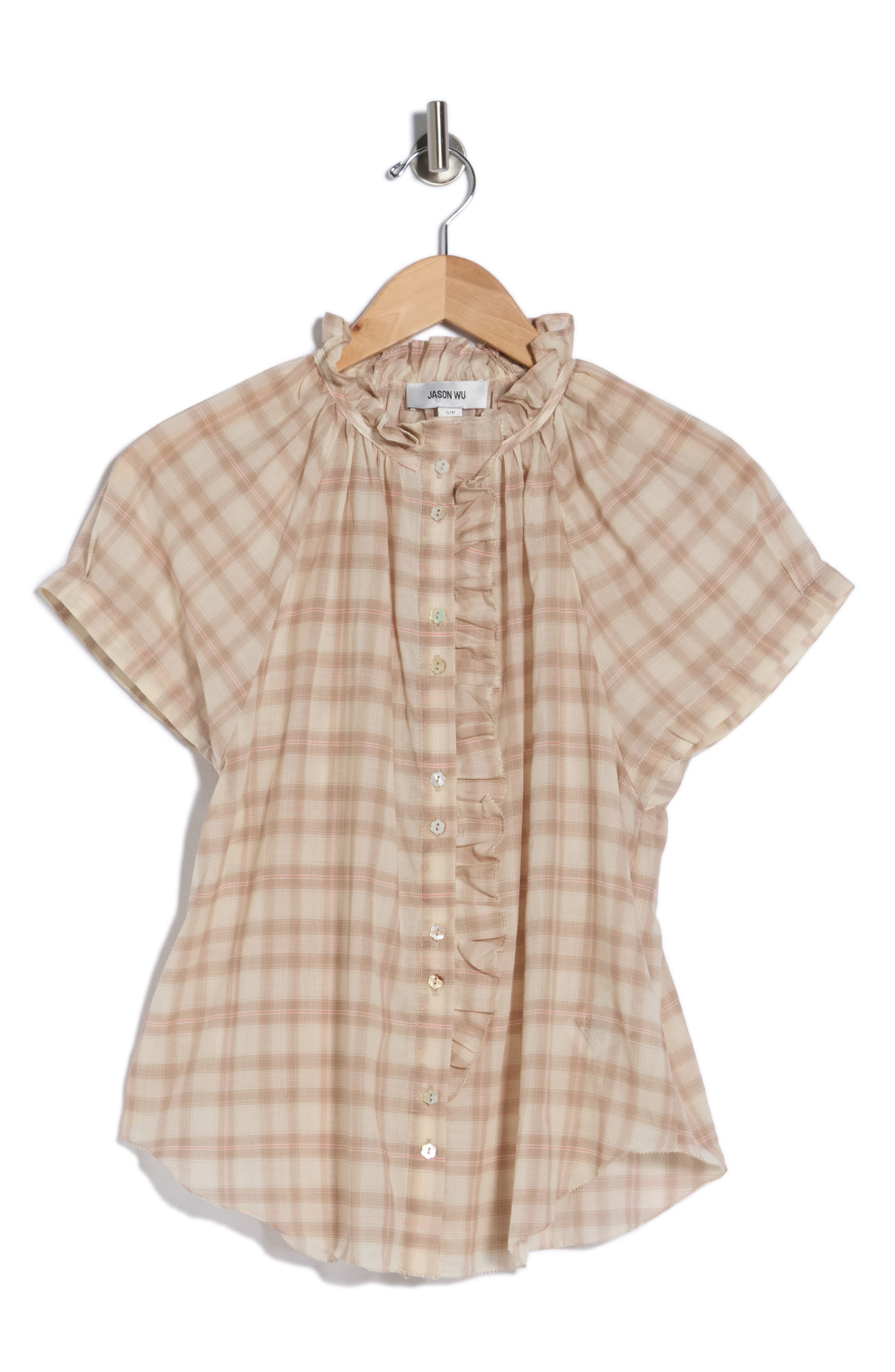 JASON WU Plaid Ruffle Neck Short Sleeve Button-Up Shirt