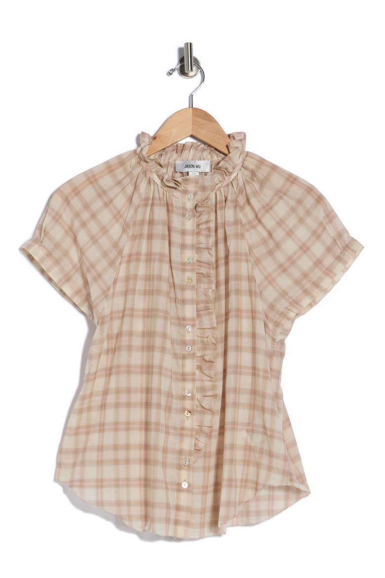 Plaid Ruffle Neck Short Sleeve Button-Up Shirt, Alternate, color, PINK COFFEE PLAID