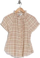 JASON WU Plaid Ruffle Neck Short Sleeve Button-Up Shirt