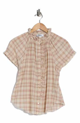 JASON WU Plaid Ruffle Neck Short Sleeve Button-Up Shirt