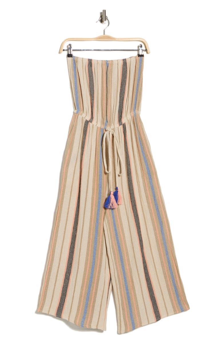 Elan Stripe Strapless Cover-Up Jumpsuit, Main, color, Natural/ Blue Stripe