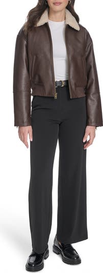 Faux Leather Bomber Jacket with Faux Shearling Collar