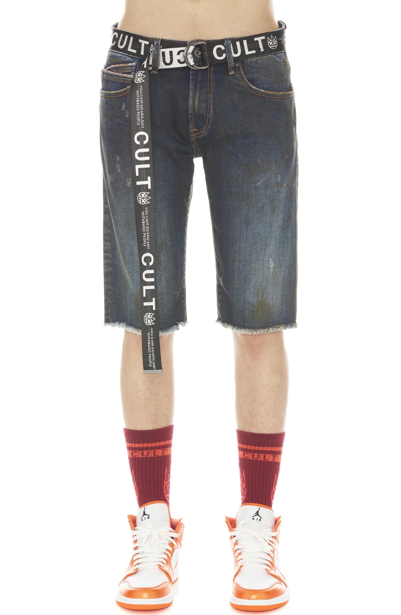 Cult of Individuality Rocker Belted Slim Fit Stretch Denim Shorts