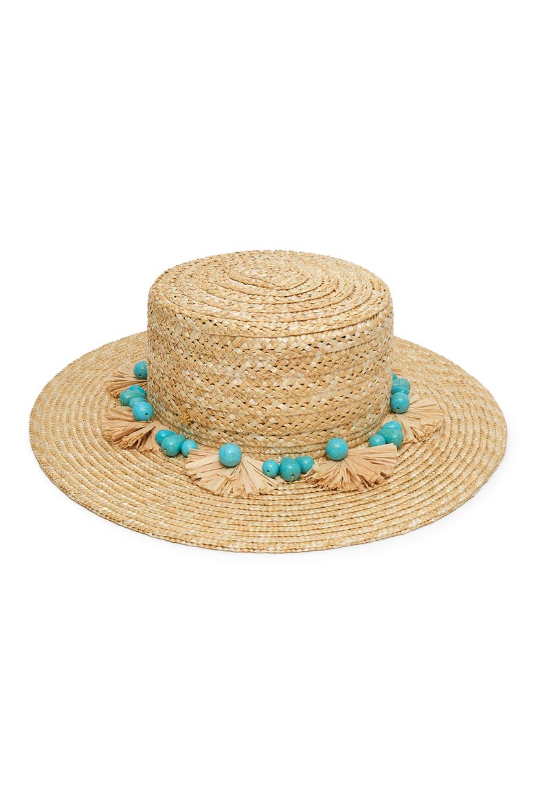 Faux Turquoise Embellished Straw Hat, Main, color, NATURAL