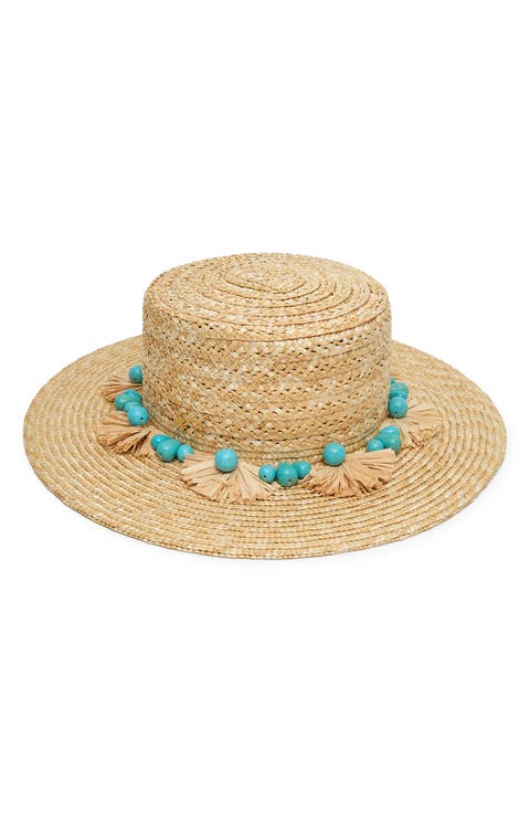 Faux Turquoise Embellished Straw Hat