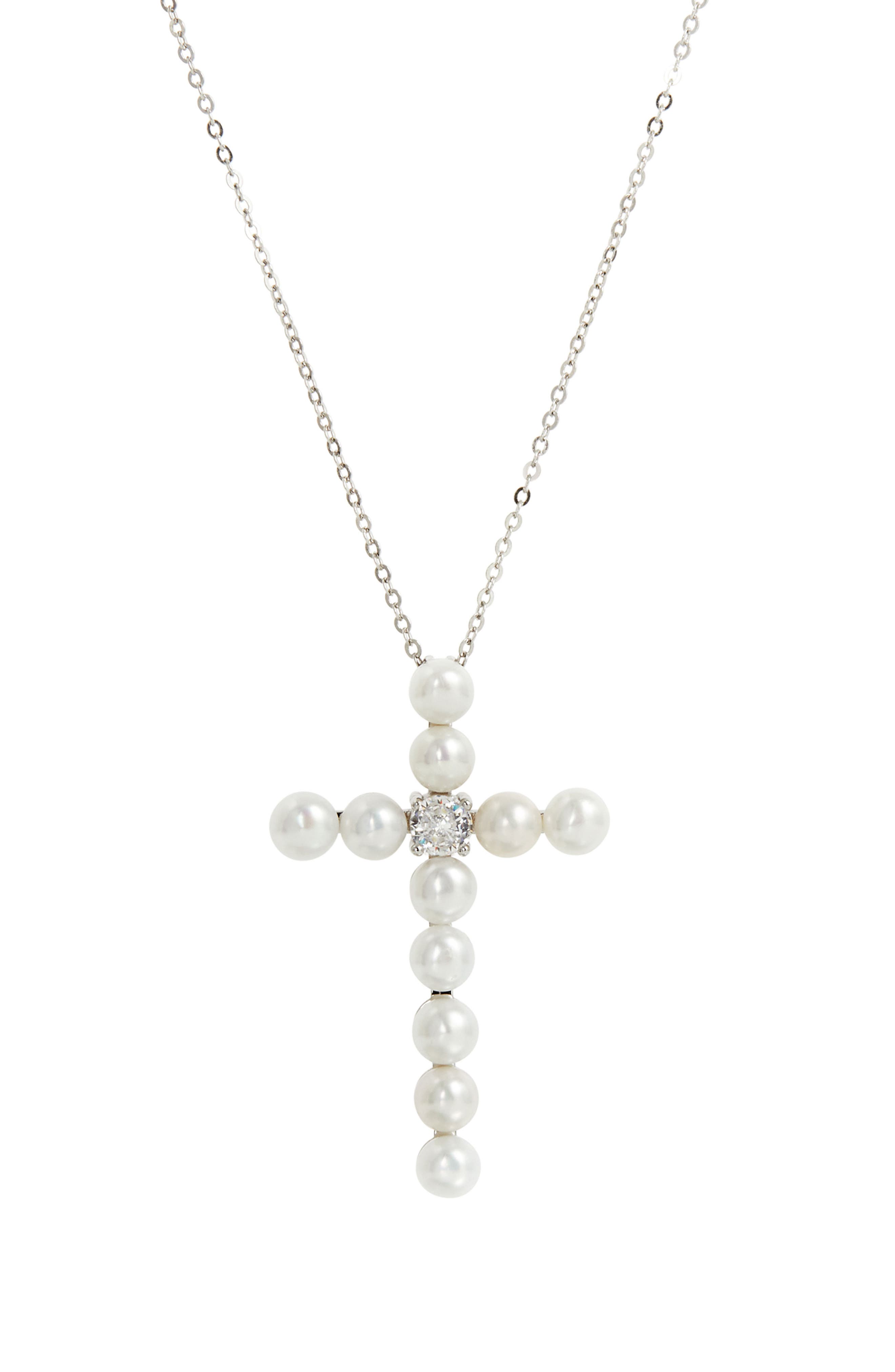 SAVVY CIE JEWELS Freshwater Pearl Cross Pendant Necklace in White 