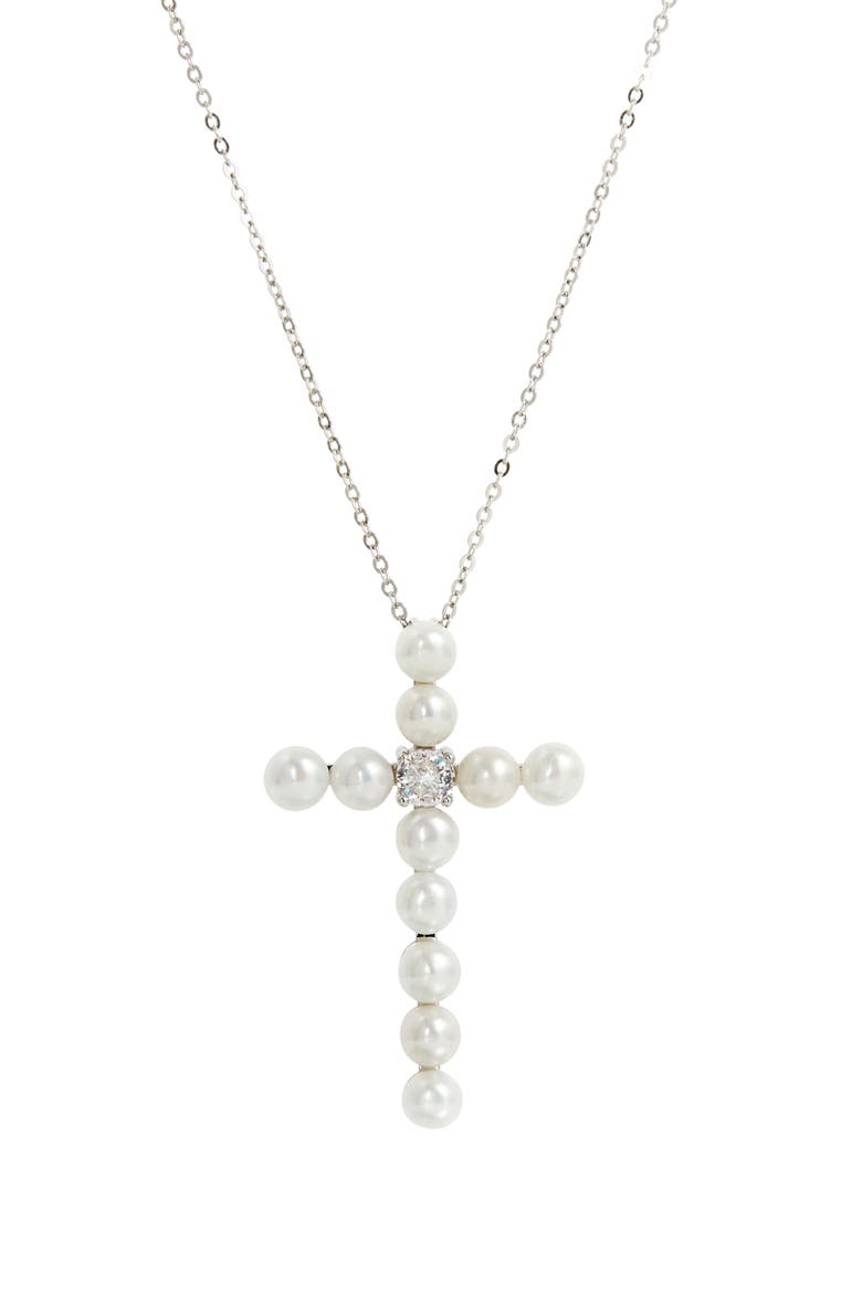 Freshwater Pearl Cross Pendant Necklace, Main, color, WHITE