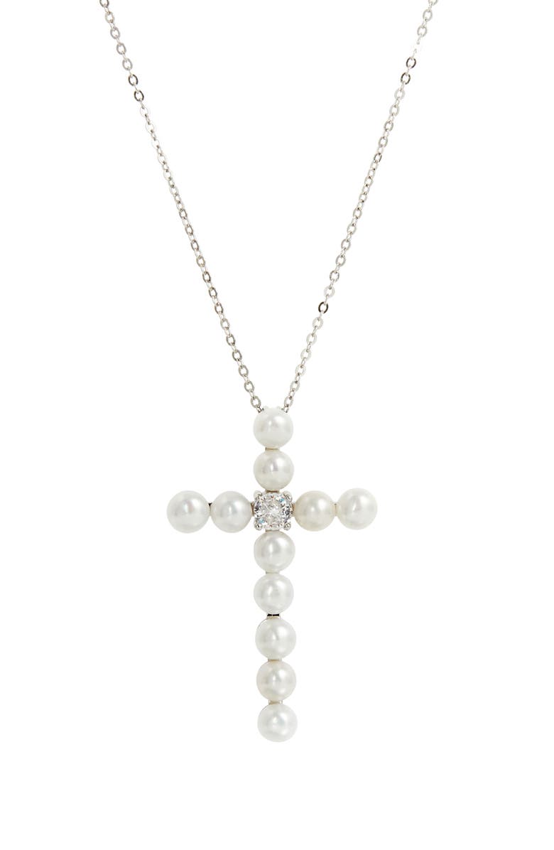 SAVVY CIE JEWELS Freshwater Pearl Cross Pendant Necklace, Main, color, White