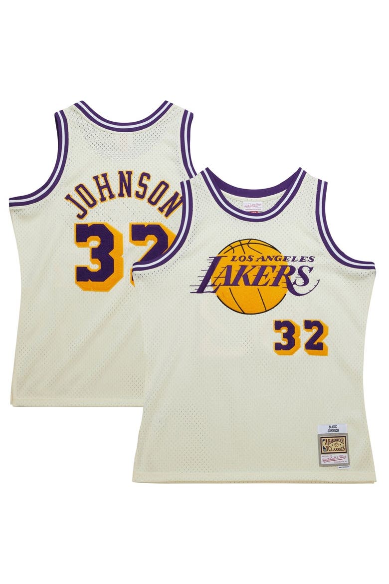 Men's Mitchell & Ness Magic Johnson Cream Los Angeles Lakers Chainstitch Swingman Jersey, Main, color, Cream