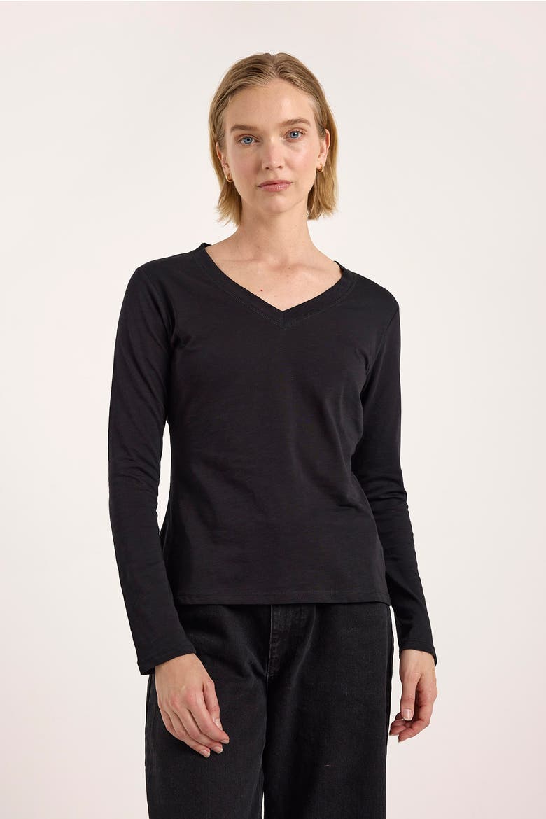 Long Sleeve Cotton V-Neck T-shirt, Alternate, color, Black