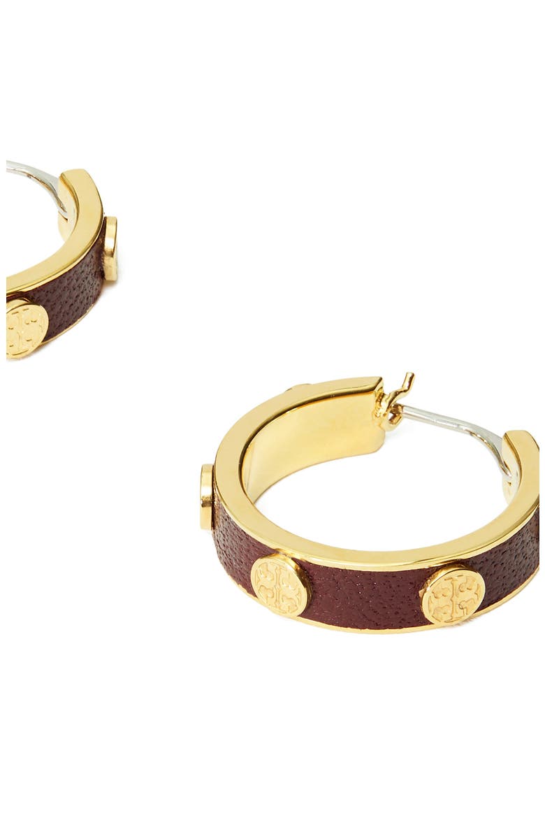 Miller Stud Faux Leather Hoop Earrings, Alternate, color, TORY GOLD / TEMPRANILLO