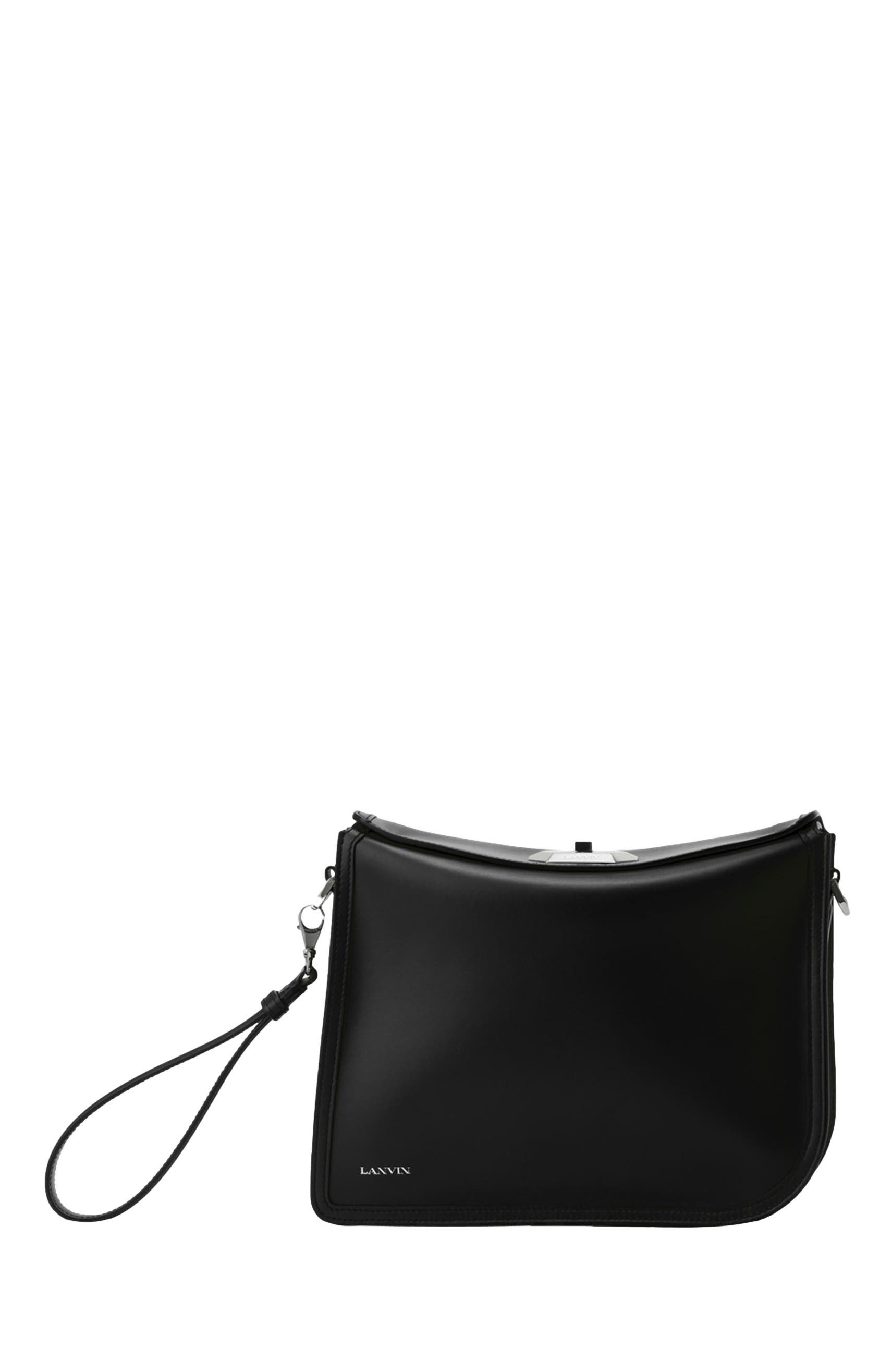 Lanvin Compagnon Asymmetrical Leather Clutch Bag, Main, color, Black
