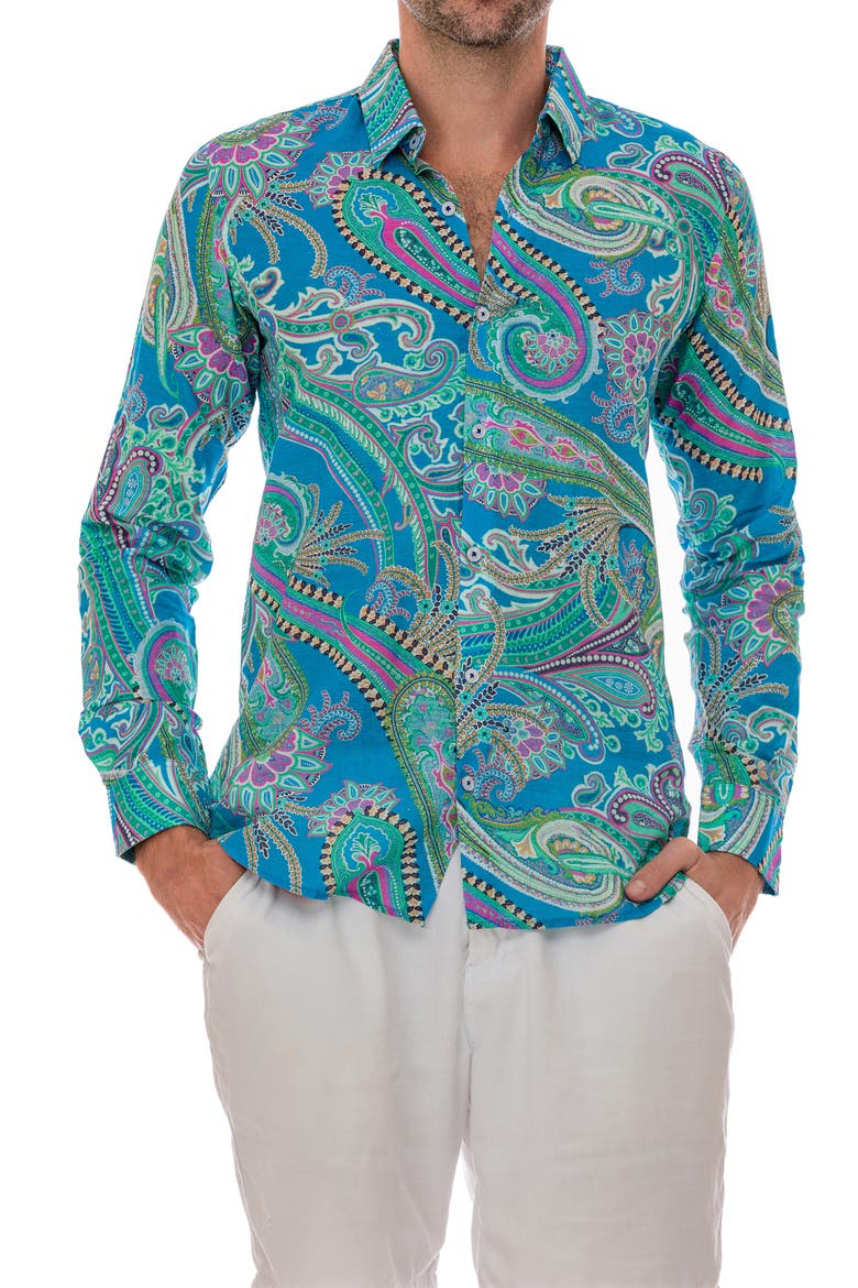 Paisley Linen Blend Button-Up Shirt, Alternate, color, SEA FOAM
