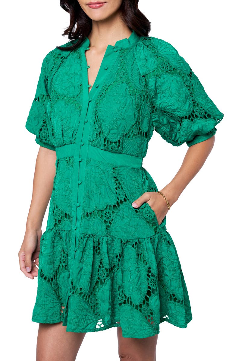 CIEBON Steph Floral Embroidered Puff Sleeve Minidress, Alternate, color, Green