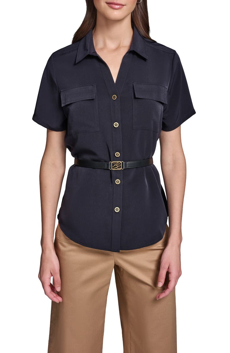 KARL LAGERFELD PARIS Belted Button-Up Shirt, Main, color, Midnight Navy