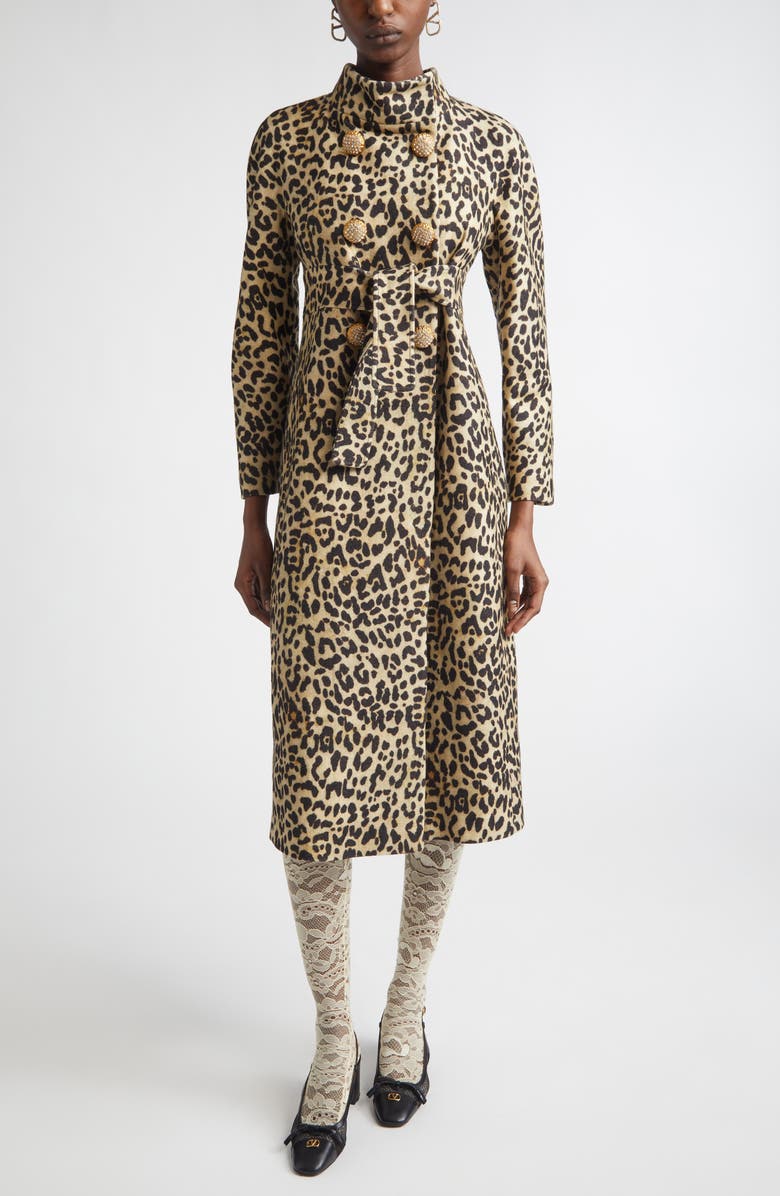 Valentino Garavani Leopard Print Wool Coat, Main, color, Beige Multi