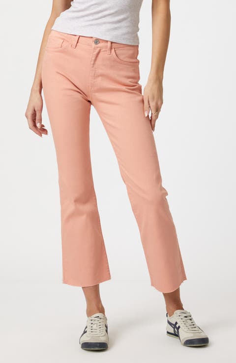 Anika High Waist Raw Hem Crop Flare Jeans (Light Salmon Flex Blue)