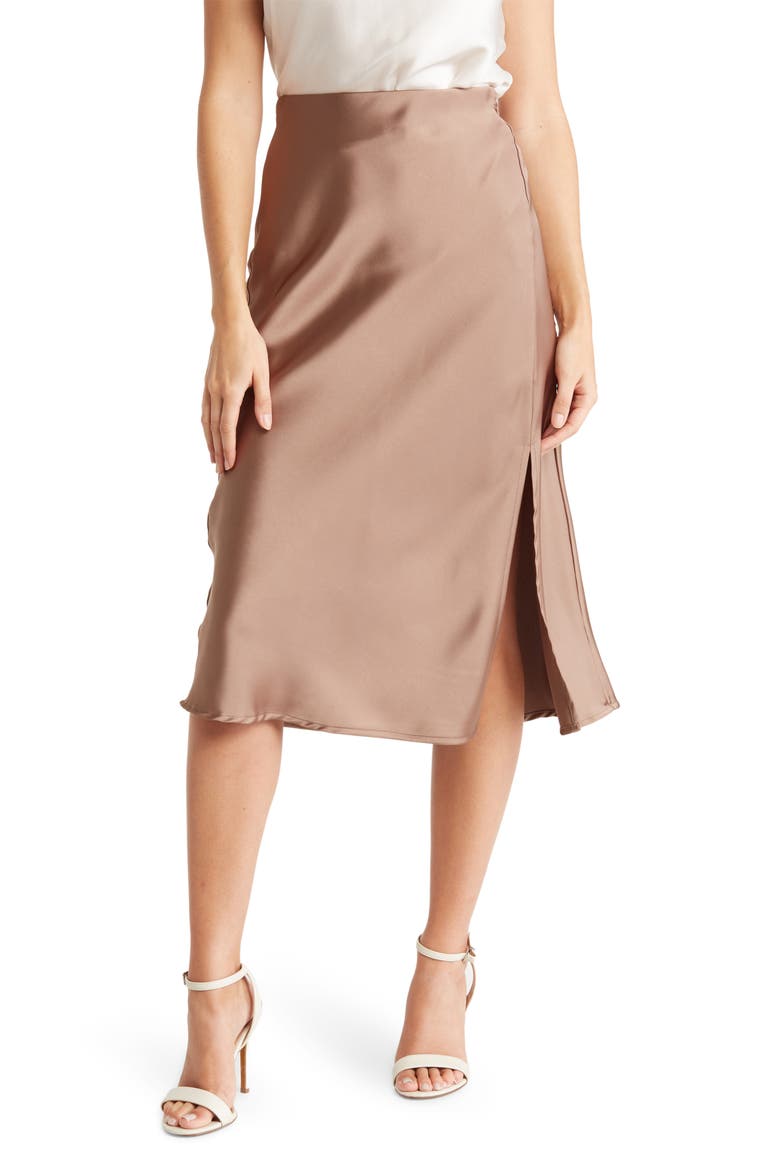 Satin Slit Midi Skirt, Main, color, DUNE