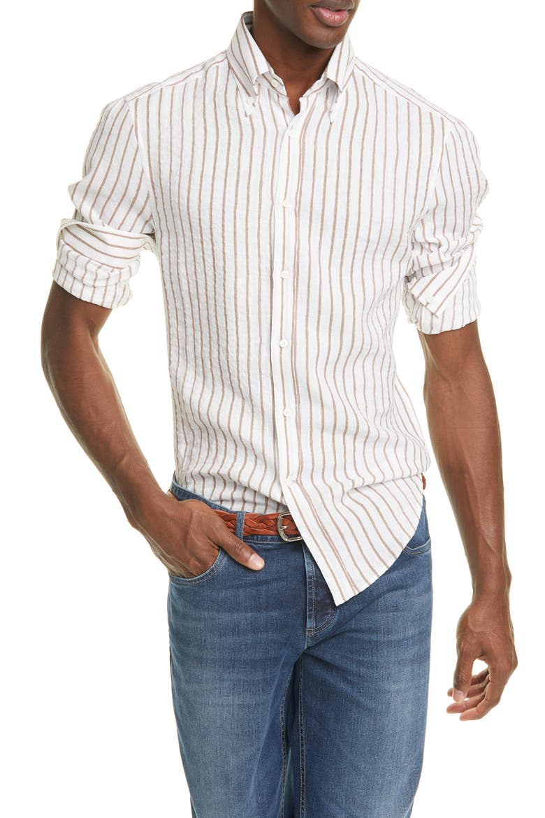 Slim Fit Stripe Linen Button-Down Shirt, Main, color, LIGHT BROWN