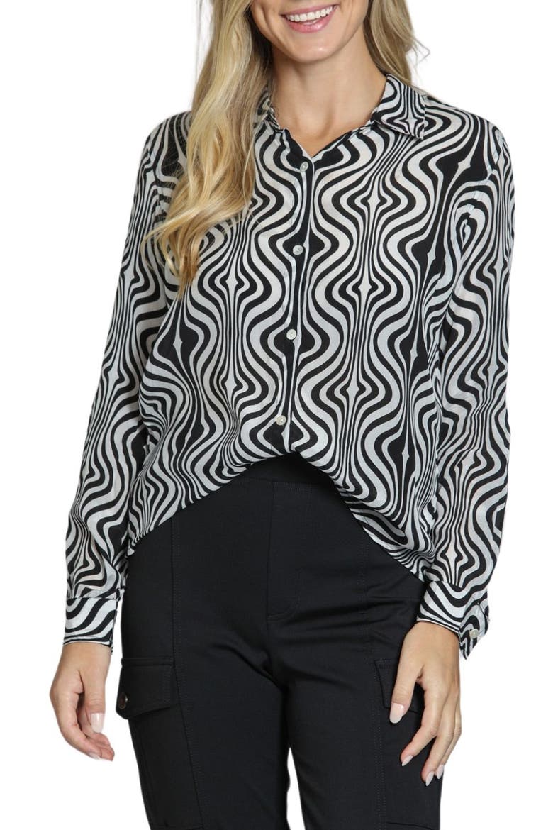 Wavy Print Roll Tab Sleeve Button-Up Shirt, Main, color, BLACK/ WHITE