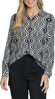 APNY Wavy Print Roll Tab Sleeve Button-Up Shirt