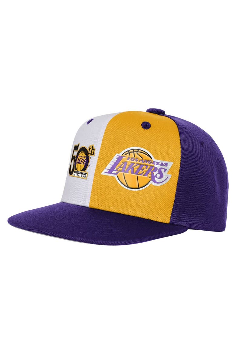 Youth Mitchell & Ness Purple Los Angeles Lakers 50th Anniversary Duo Front Snapback Hat, Main, color, Purple
