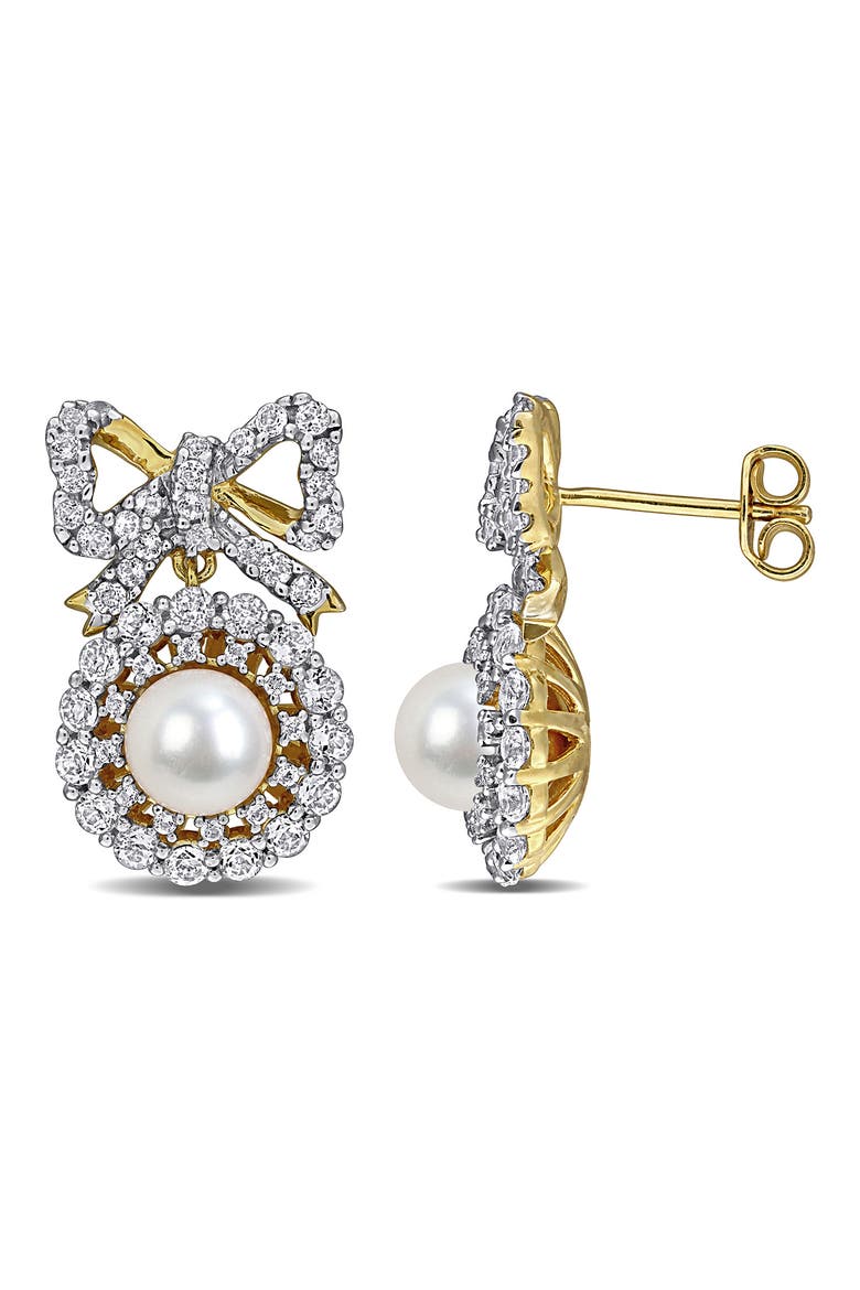 6-6.5mm Cultured Freshwater Pearl & White Topaz Bow Stud Earrings, Main, color, WHITE