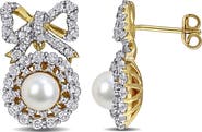 DELMAR 6-6.5mm Cultured Freshwater Pearl & White Topaz Bow Stud Earrings