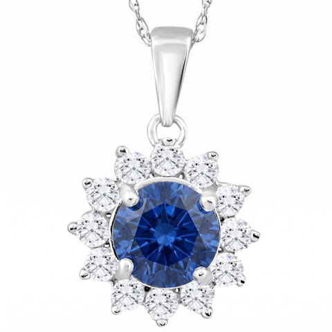 1Ct TW Blue Sapphire & Diamond Halo Pendant Gold Women's Necklace