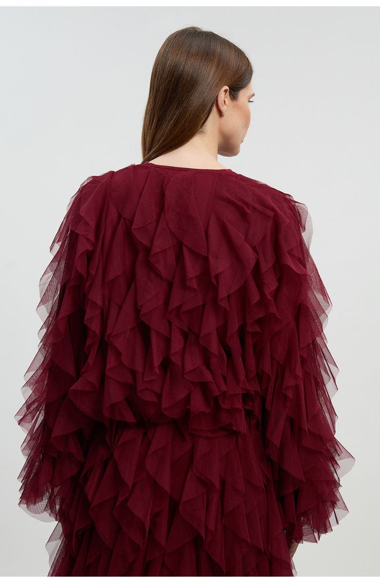 Karen Millen Tulle Ruffle Detail Woven Jacket, Alternate, color, Cabernet
