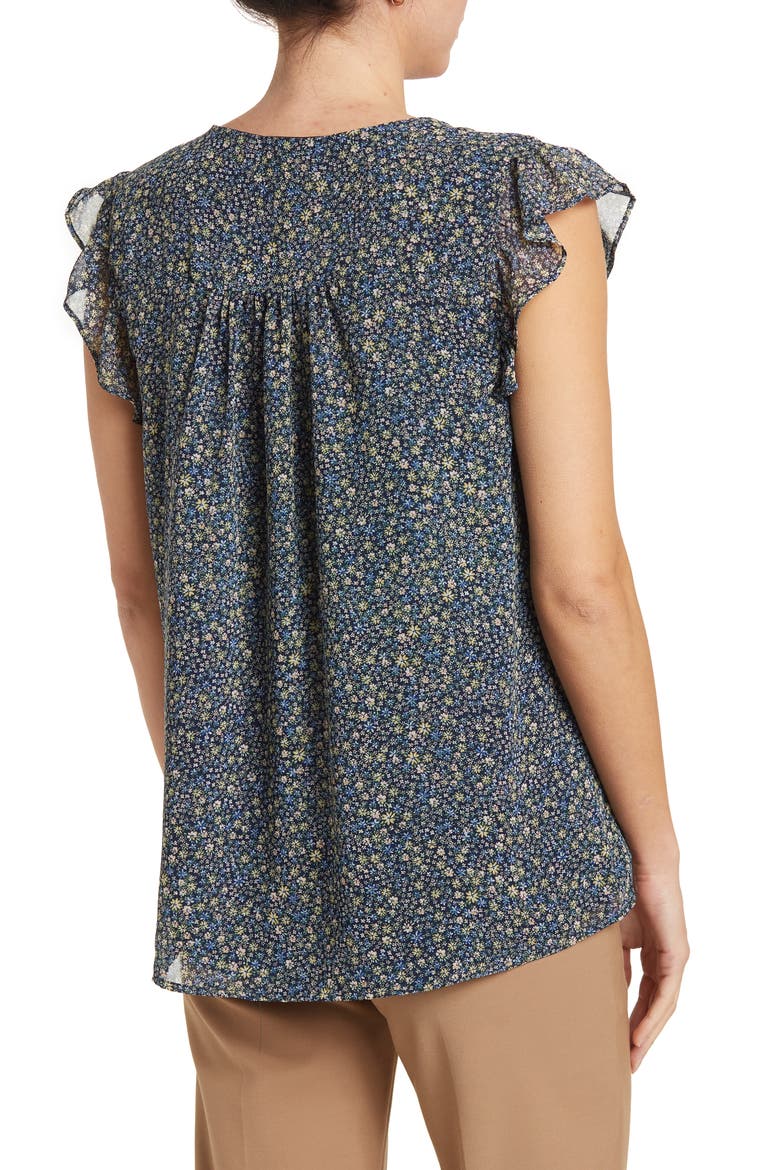 Flutter Sleeve Printed Chiffon Blouse, Alternate, color, NAVY DITSY PRINT
