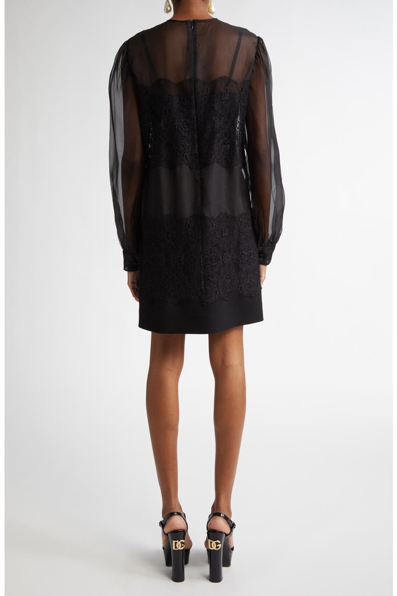Lace Paneled Long Sleeve Sheer Silk Blend Organza Dress, Alternate, color, N0000 NERO
