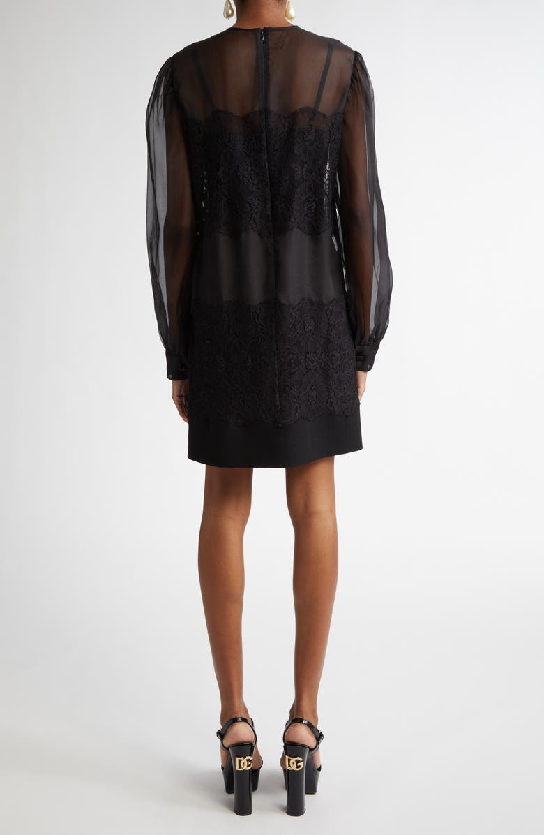 Dolce&Gabbana Lace Paneled Long Sleeve Sheer Silk Blend Organza Dress, Alternate, color, N0000 Nero