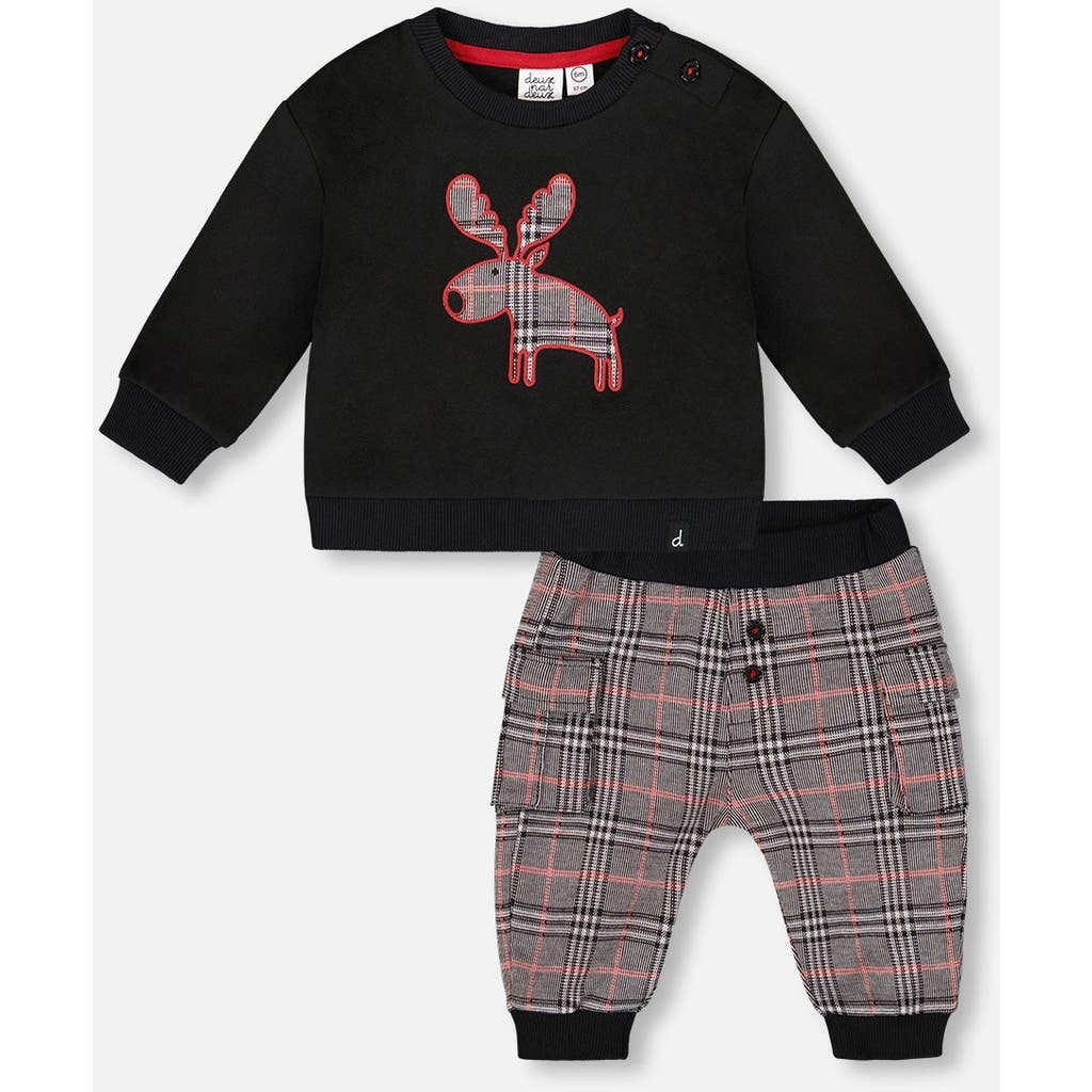 Deux Par Deux Sweater And Cargo Pants Set With Moose Applique In Black