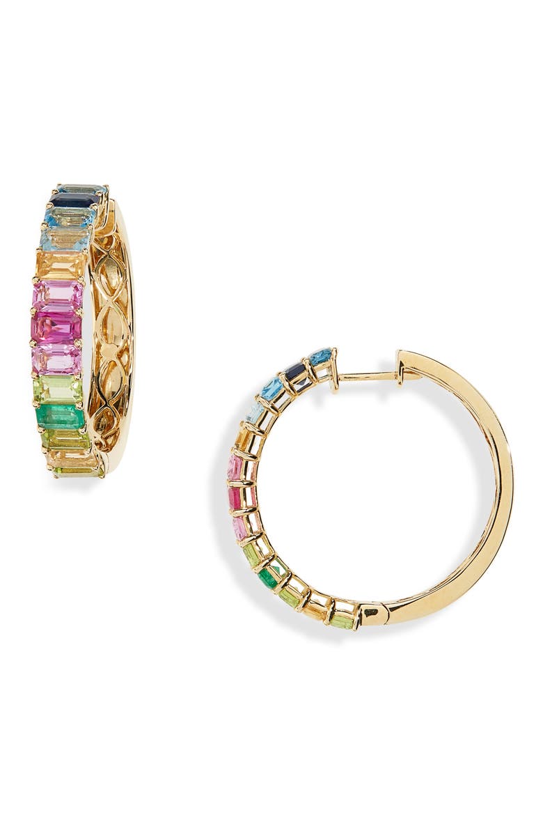 Rainbow Gemstone Eternity Hoop Earrings, Main, color, YELLOW GOLD