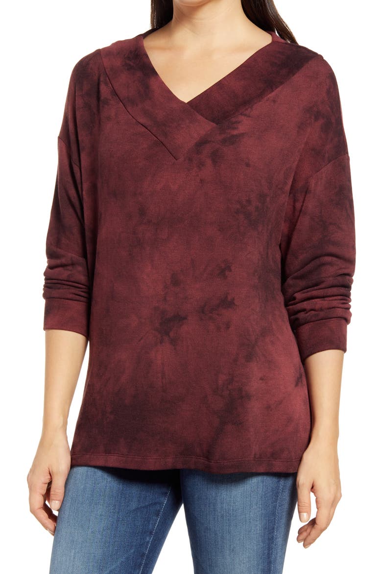 Wide Neck Tie Dye Tunic Pullover, Main, color, BURGUNDYME