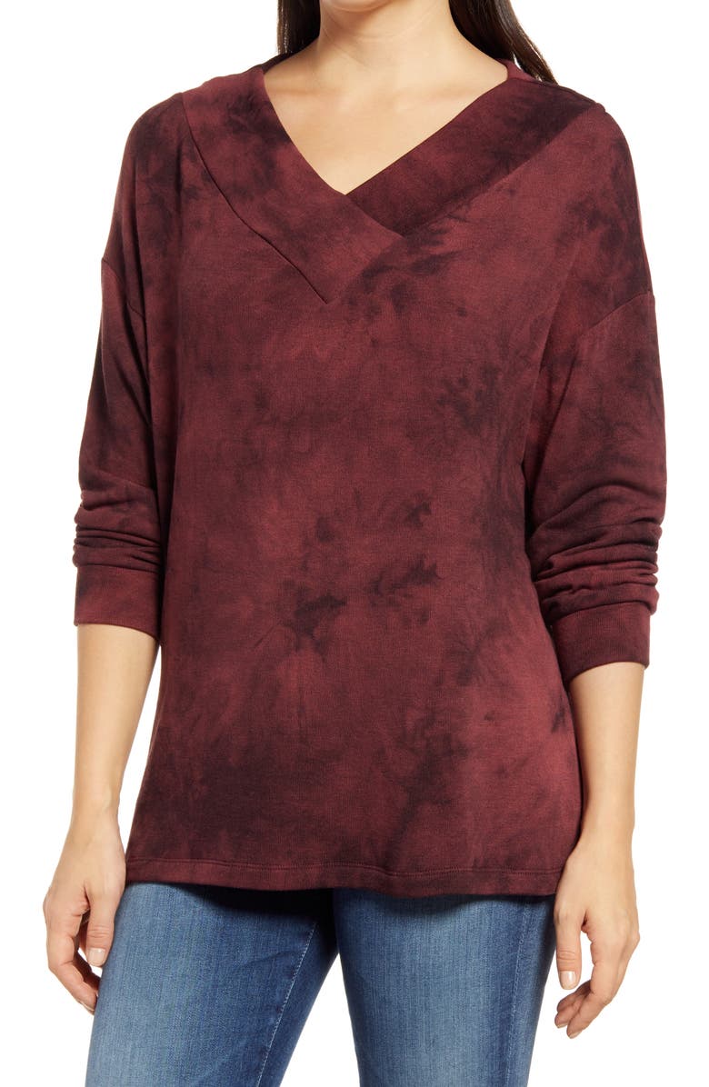 Loveappella Wide Neck Tie Dye Tunic Pullover, Main, color, Burgundy/ Merlot