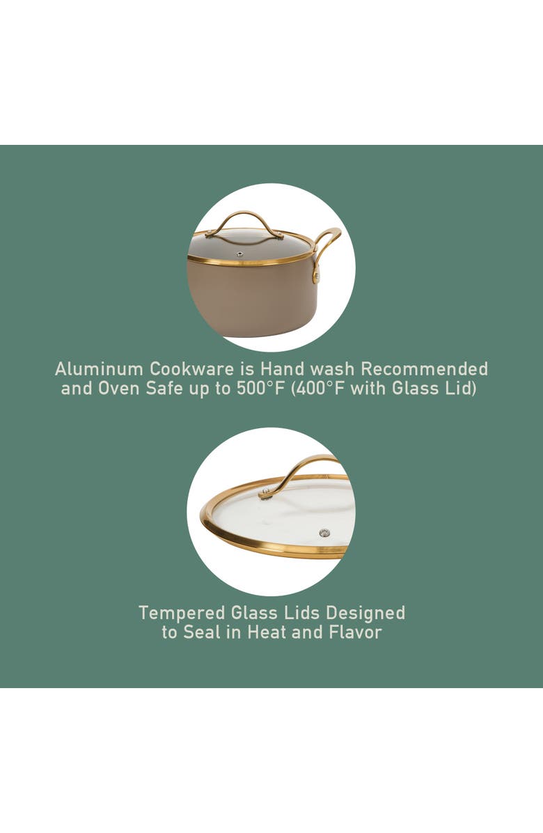 Bloomhouse 15 Piece Ceramic Nonstick Aluminum Cookware Set with Dutch Oven, Alternate, color, Cappuccino With Gold Handle