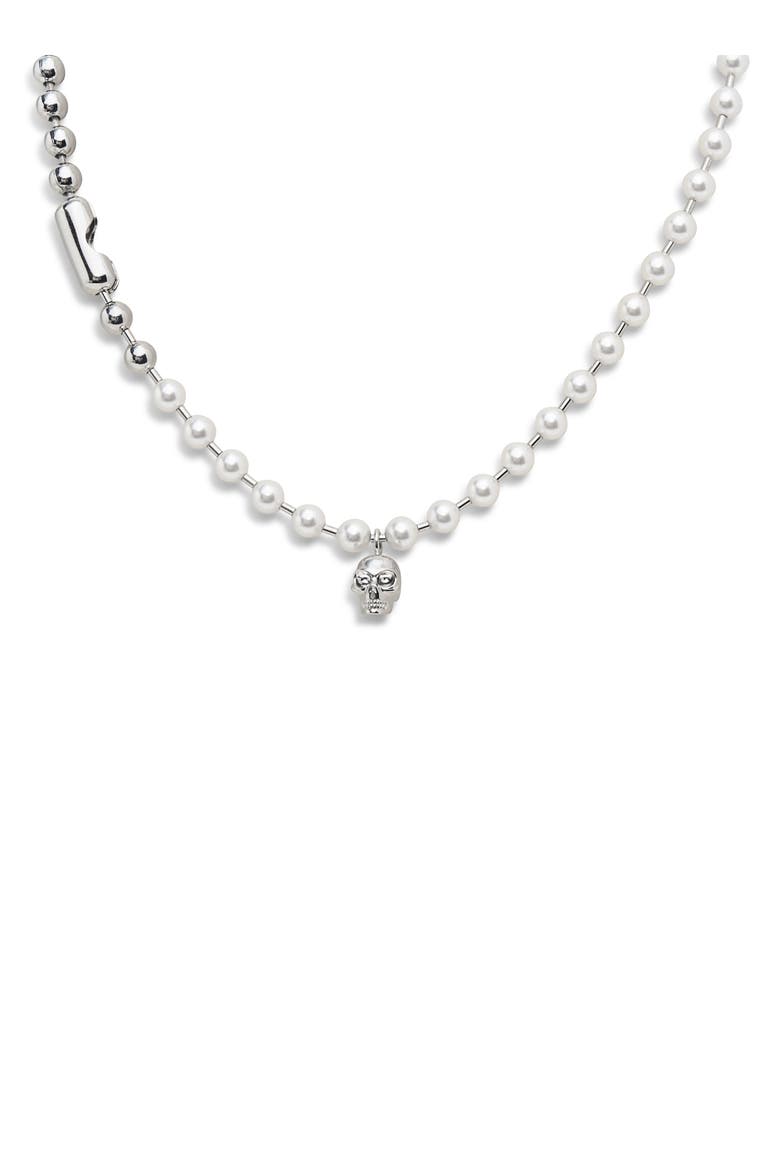 Men's Skull & Faux Pearl Pendant Necklace, Alternate, color, PEARL