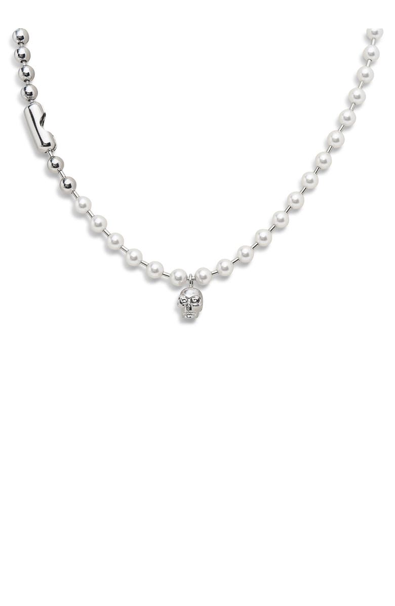 McQueen Men's Skull & Faux Pearl Pendant Necklace, Alternate, color, Pearl